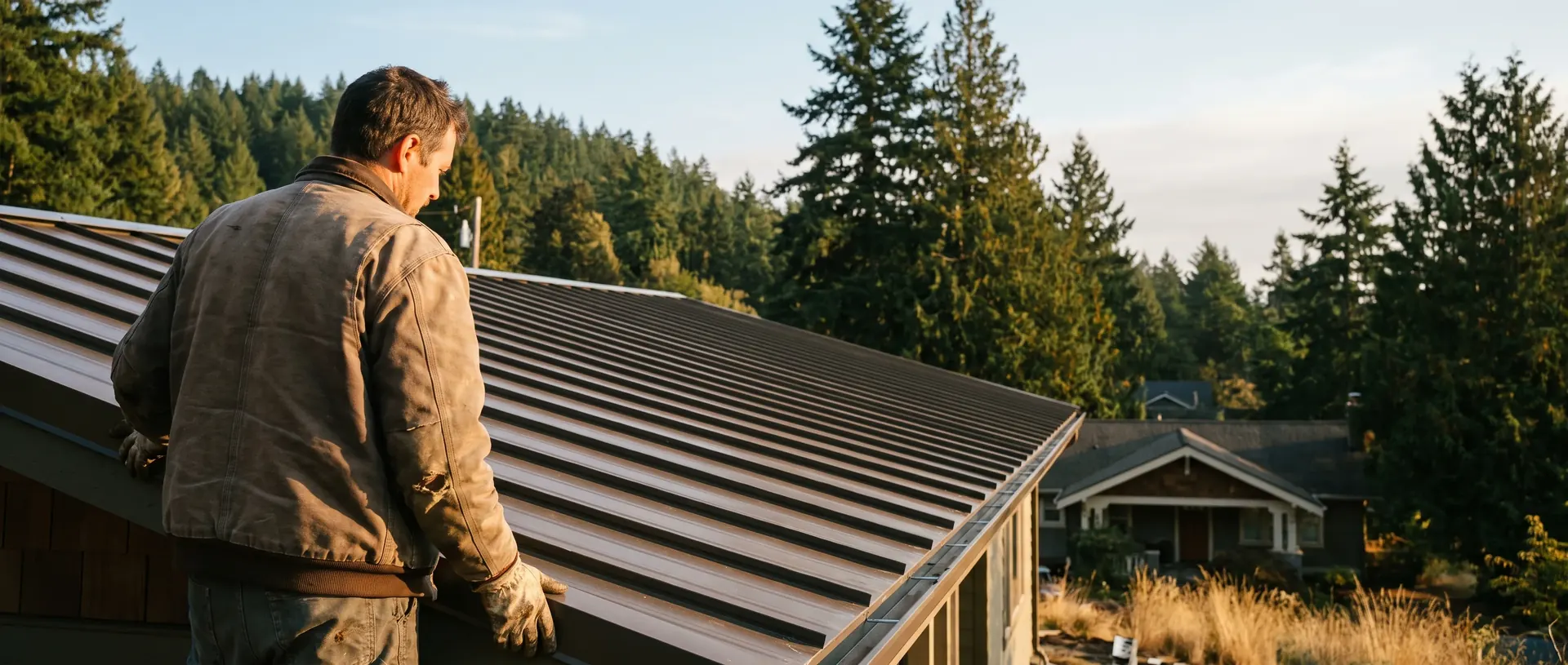 Roofer looking back along a finished standing seam run on a Bellingham roof