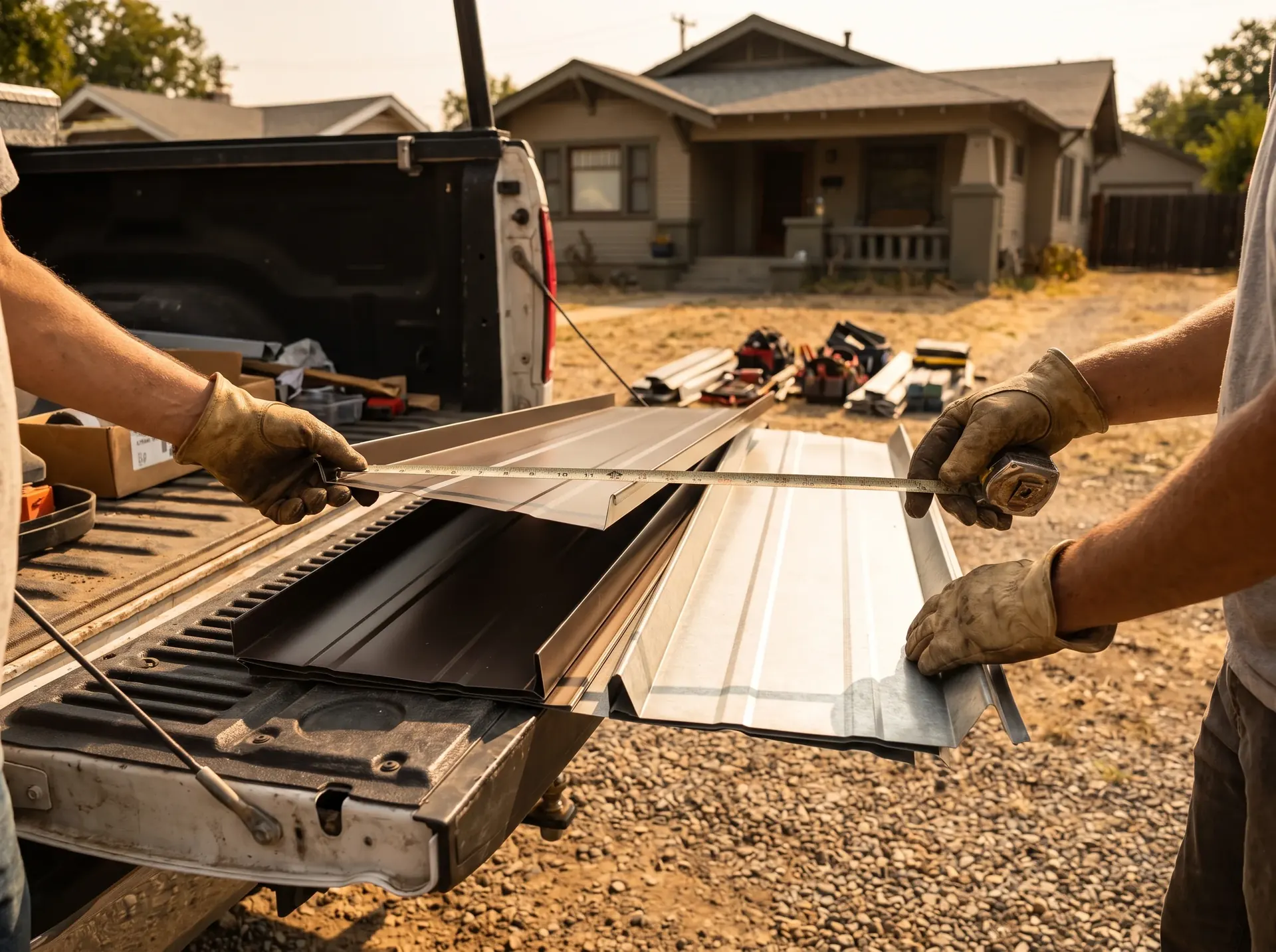 Two roofers checking a folded panel edge over a truck tailgate