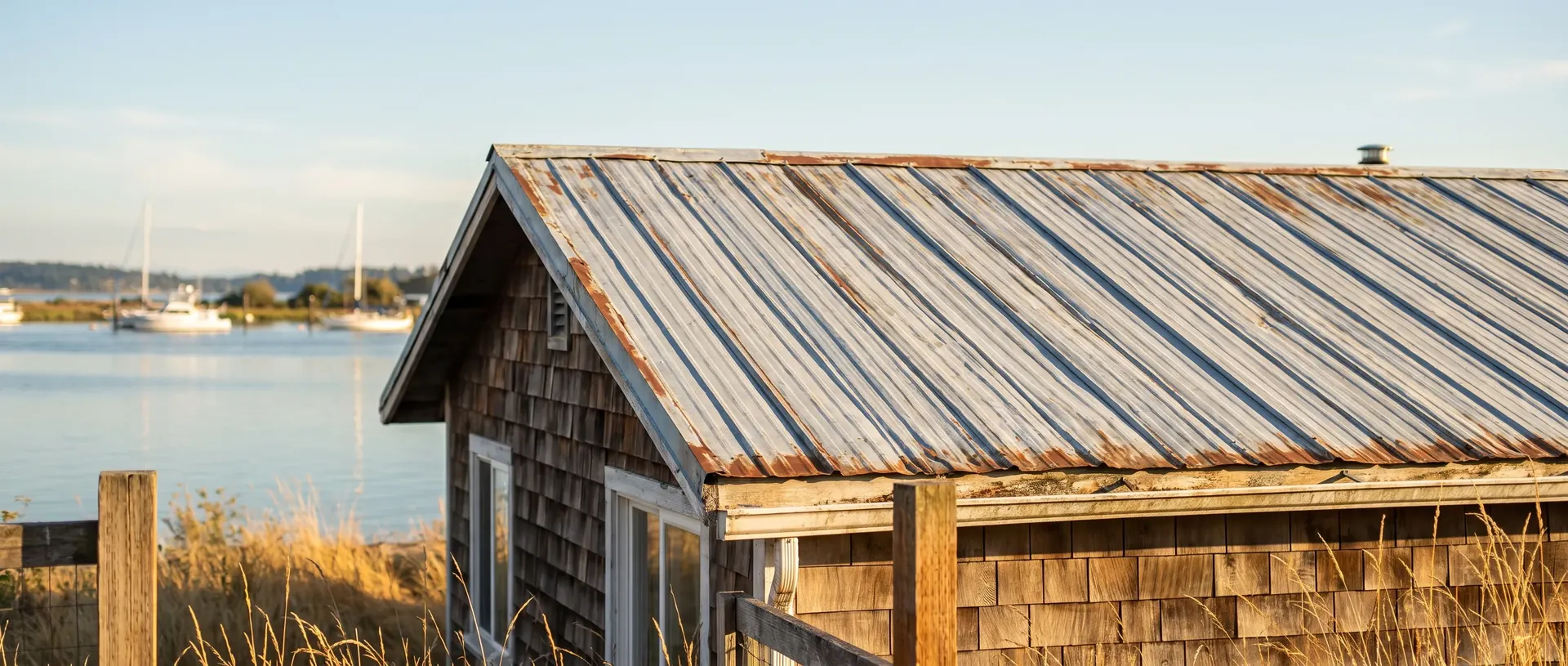 Waterfront cottage in Blaine with a weathered galvanised metal roof