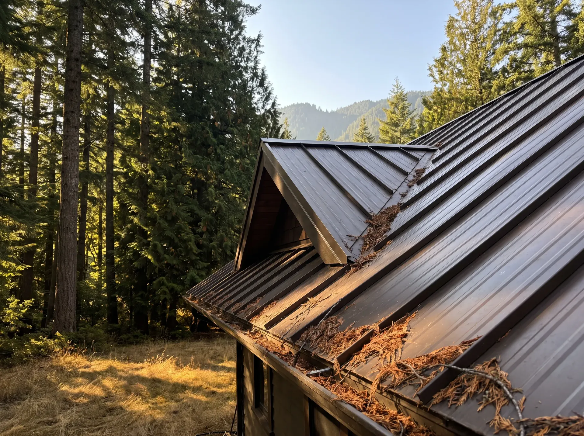Steep metal roof under tall conifers up the Mount Baker Highway
