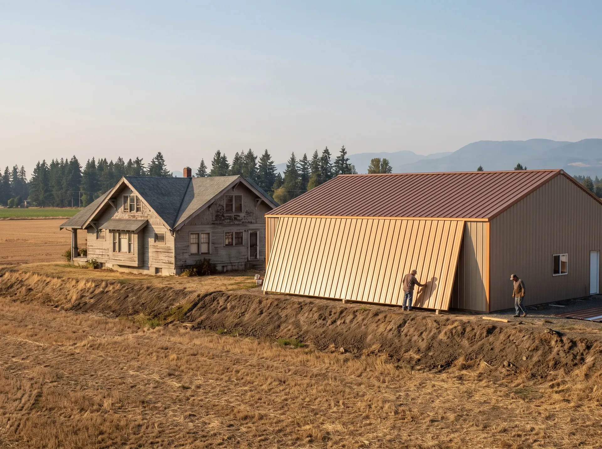 Nooksack valley farmhouse and metal roofed shop building near Everson
