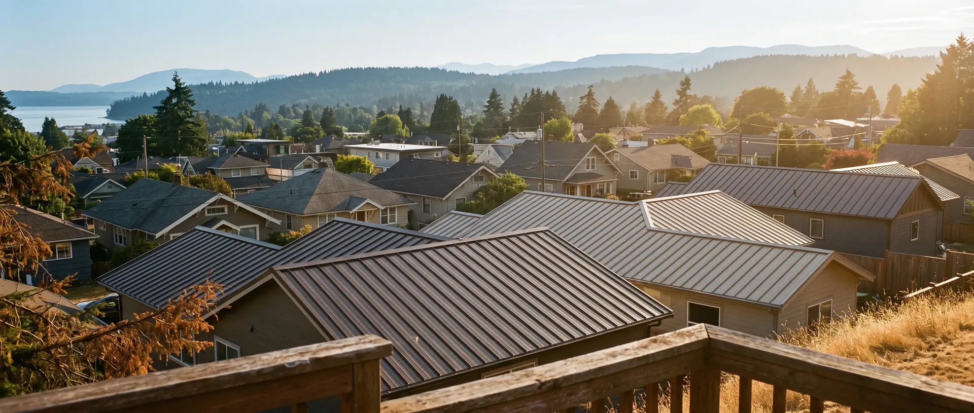 View across Bellingham rooftops with hills rising behind the town