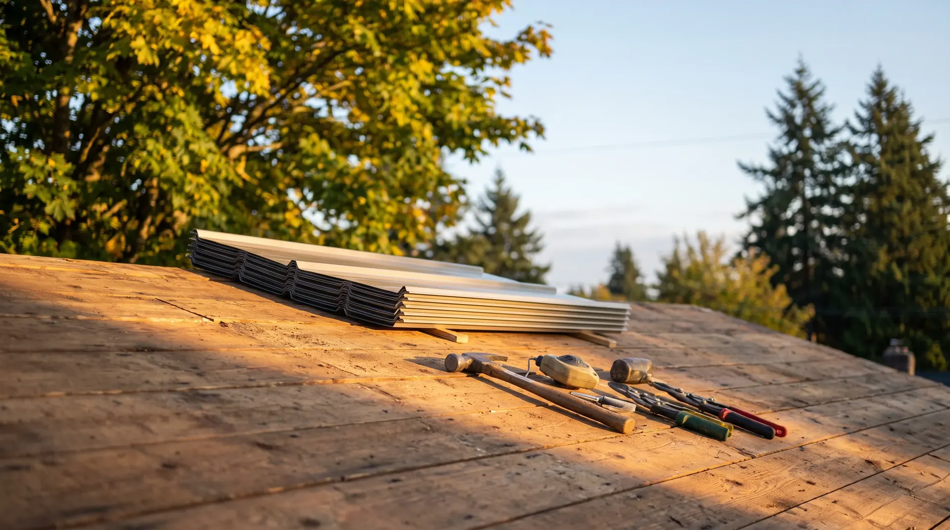 Stripped roof deck with metal panel stacked ready at the end of an autumn day