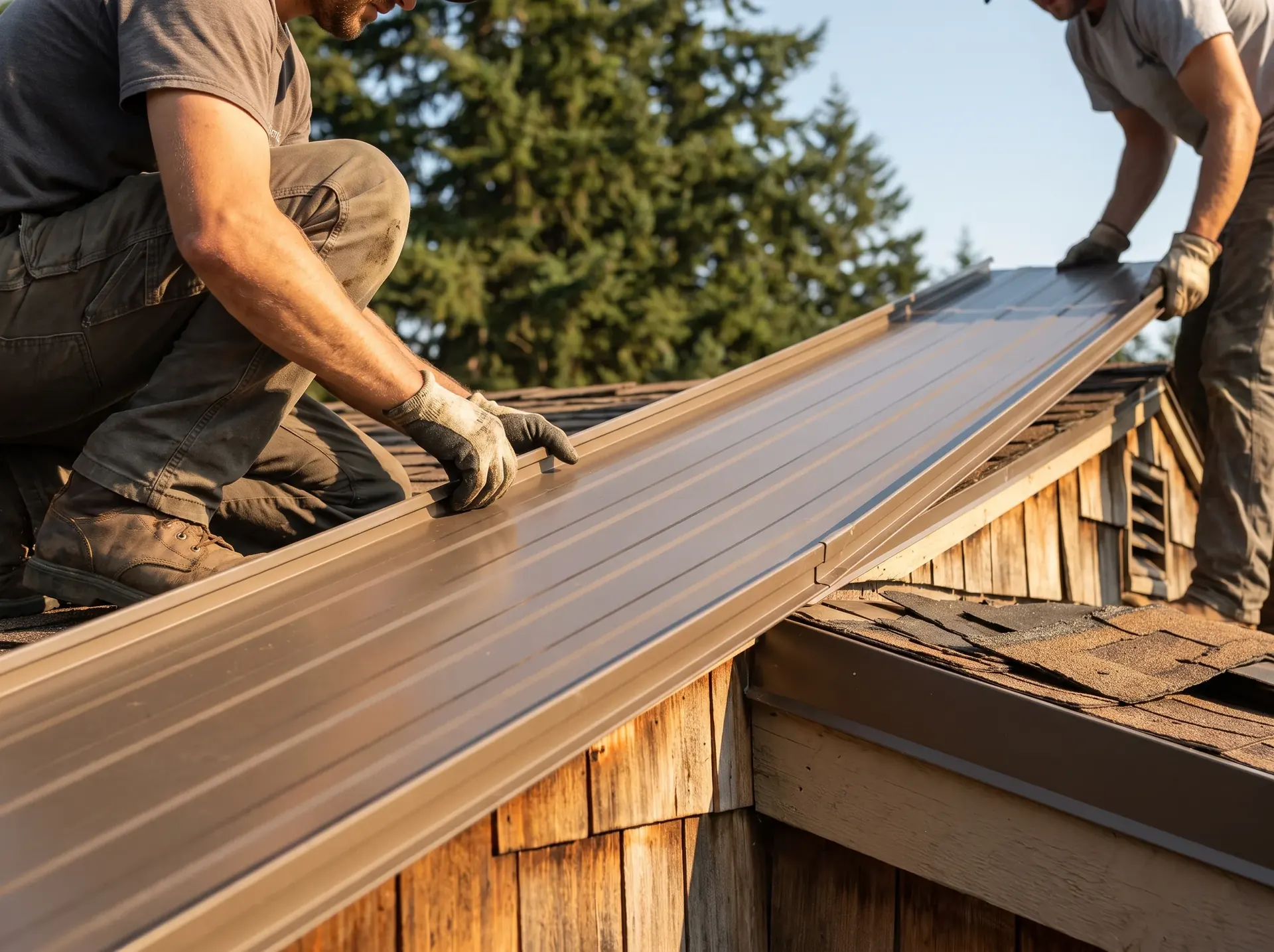 Two roofers setting a standing seam panel on a Bellingham home
