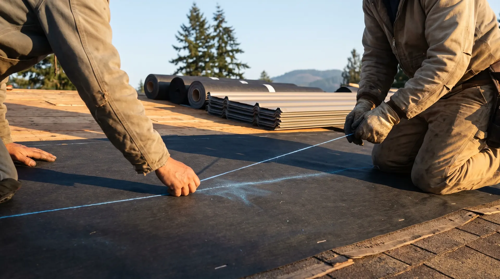 Roofer snapping a chalk line across fresh underlayment on a stripped roof deck