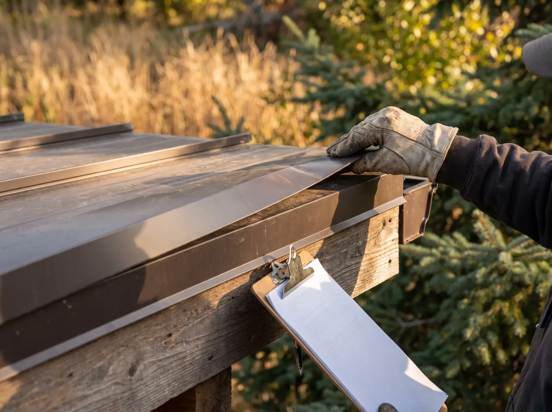 Gloved hand testing a lifted eave flashing edge for movement