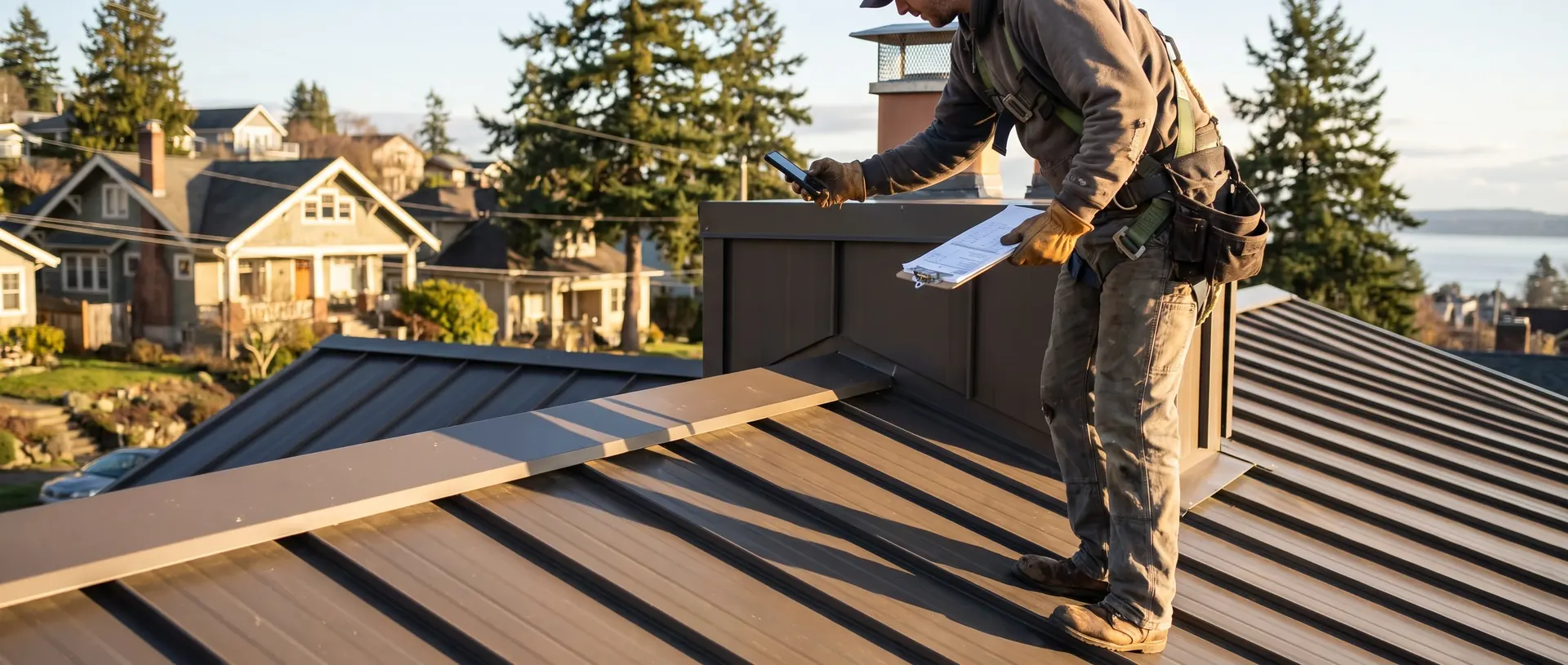 Roofer photographing a flashing detail during a metal roof inspection