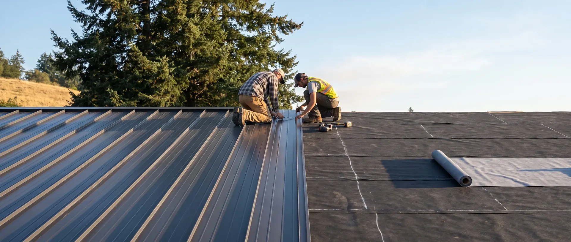 Bellingham roof half covered in new charcoal standing seam metal panel