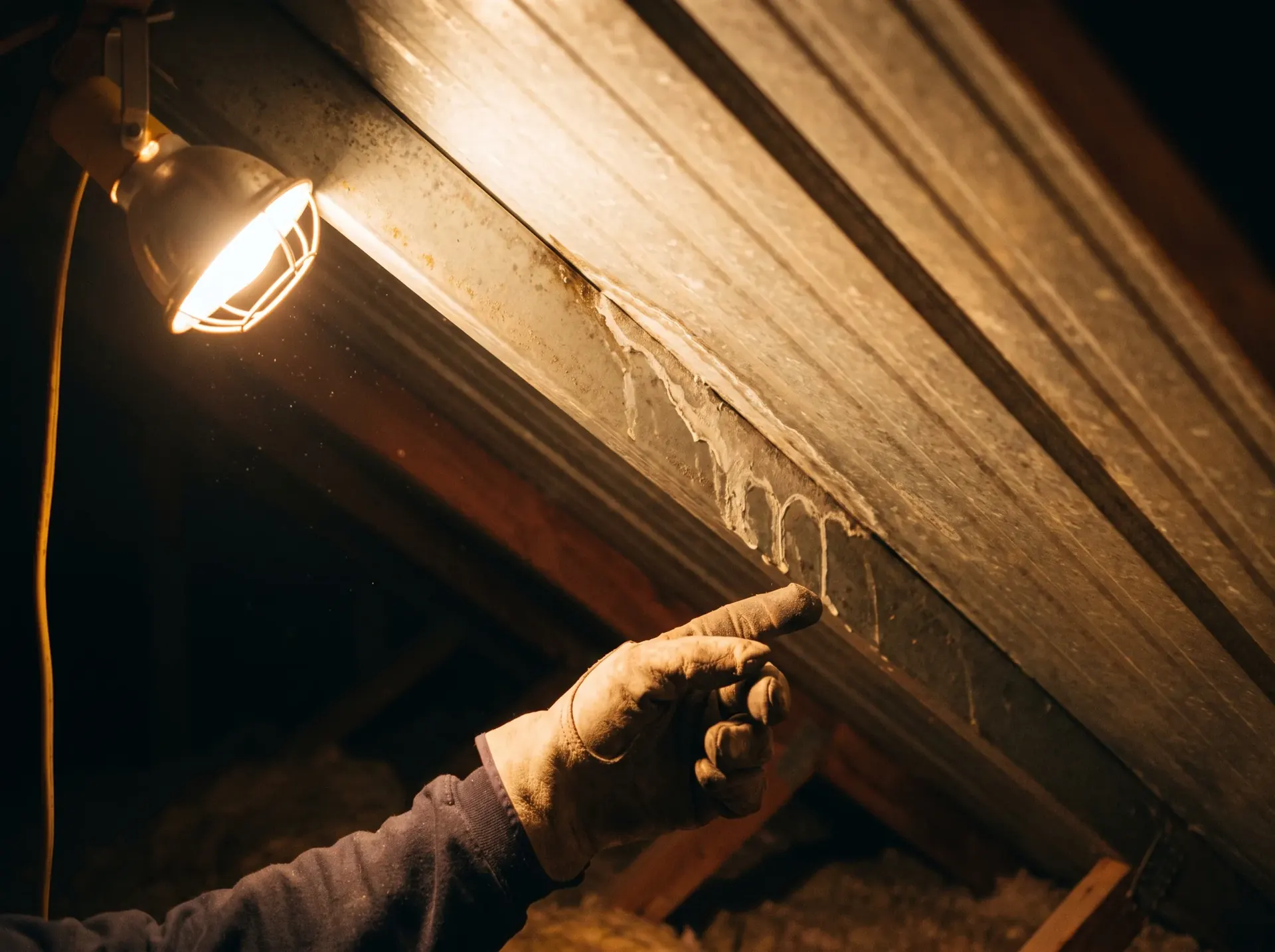 Dried water track along a seam on the underside of a metal roof panel