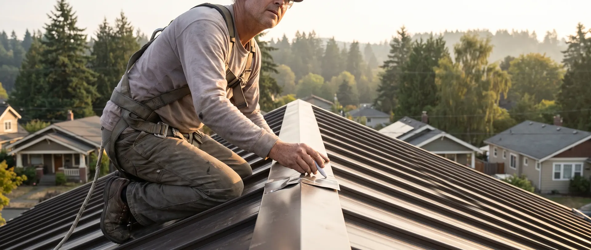 Roofer checking a ridge flashing while tracing a metal roof leak