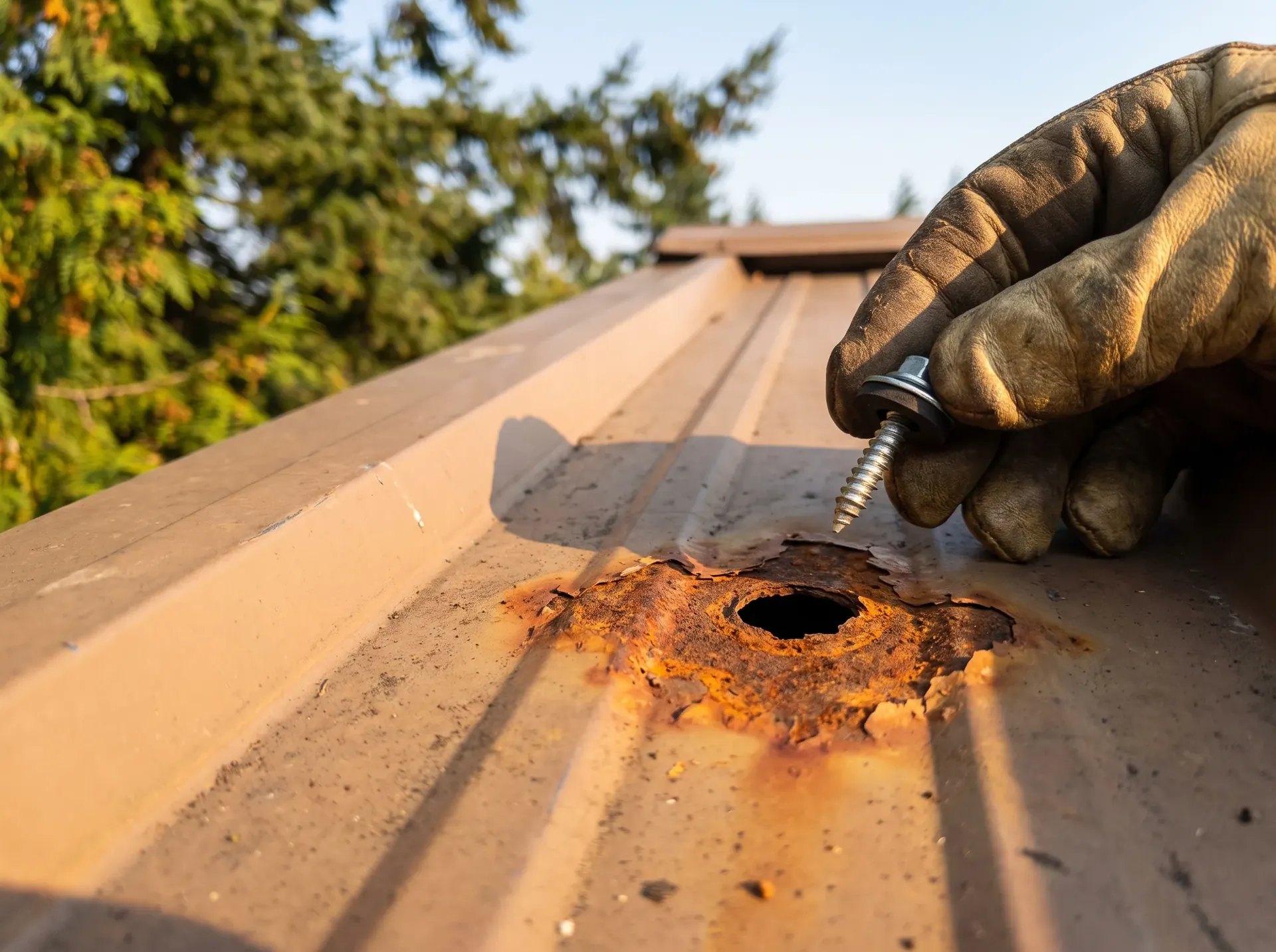 Rust spreading from an old fastener hole on a ribbed metal panel
