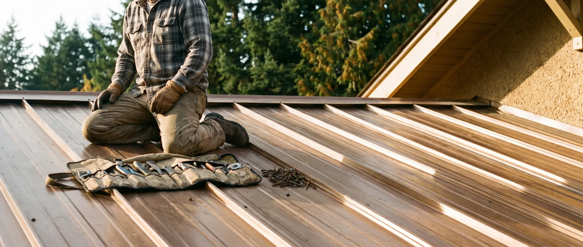 Roofer repairing fasteners on an exposed fastener metal roof