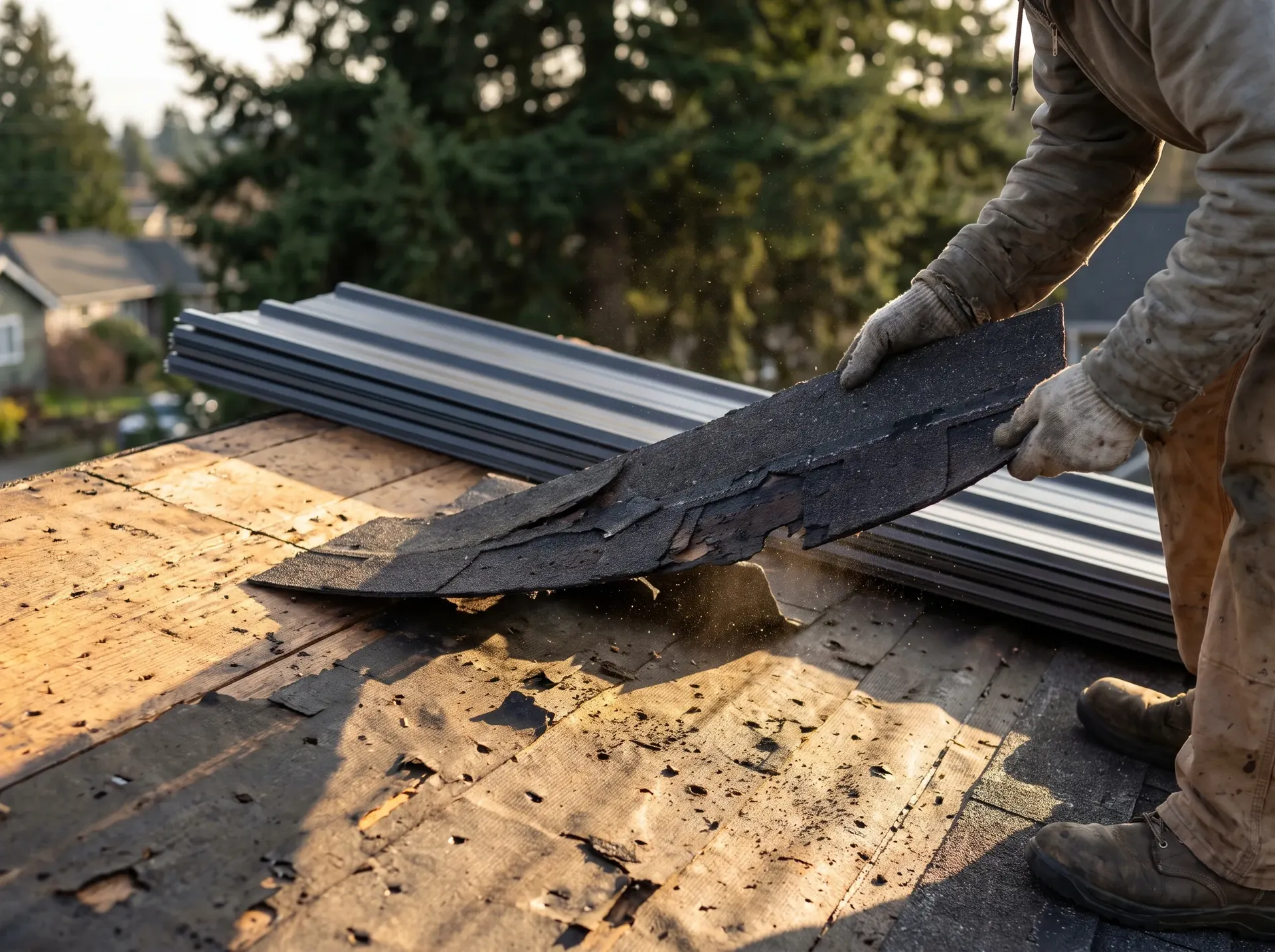 Brittle old shingle being lifted away to expose the roof deck beneath