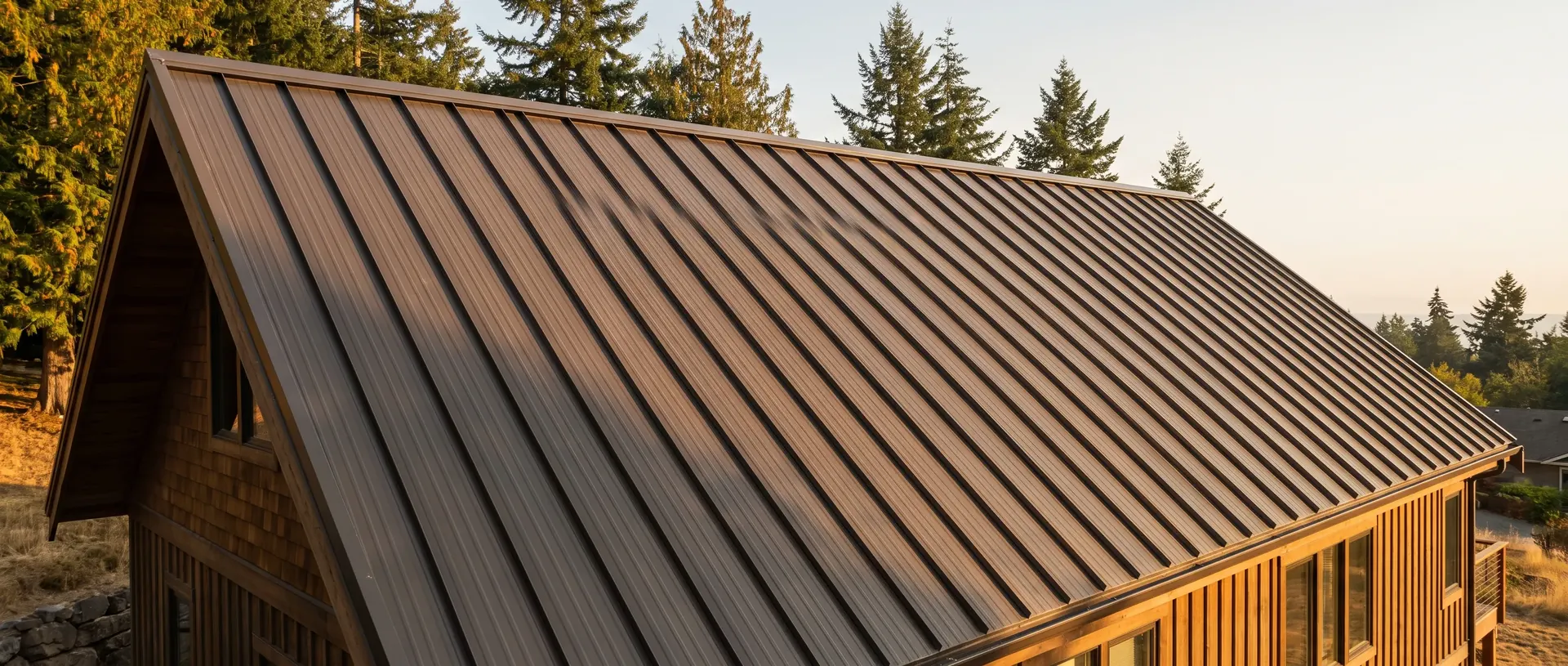Dark bronze standing seam running ridge to eave on a steep gable roof