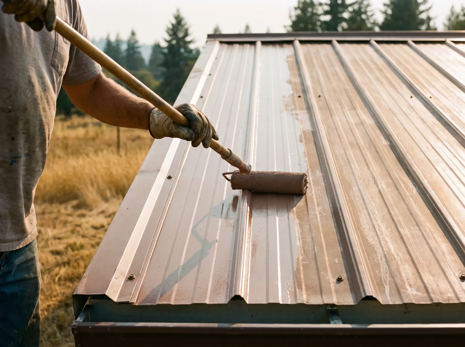 Coating being rolled across a faded exposed fastener metal roof