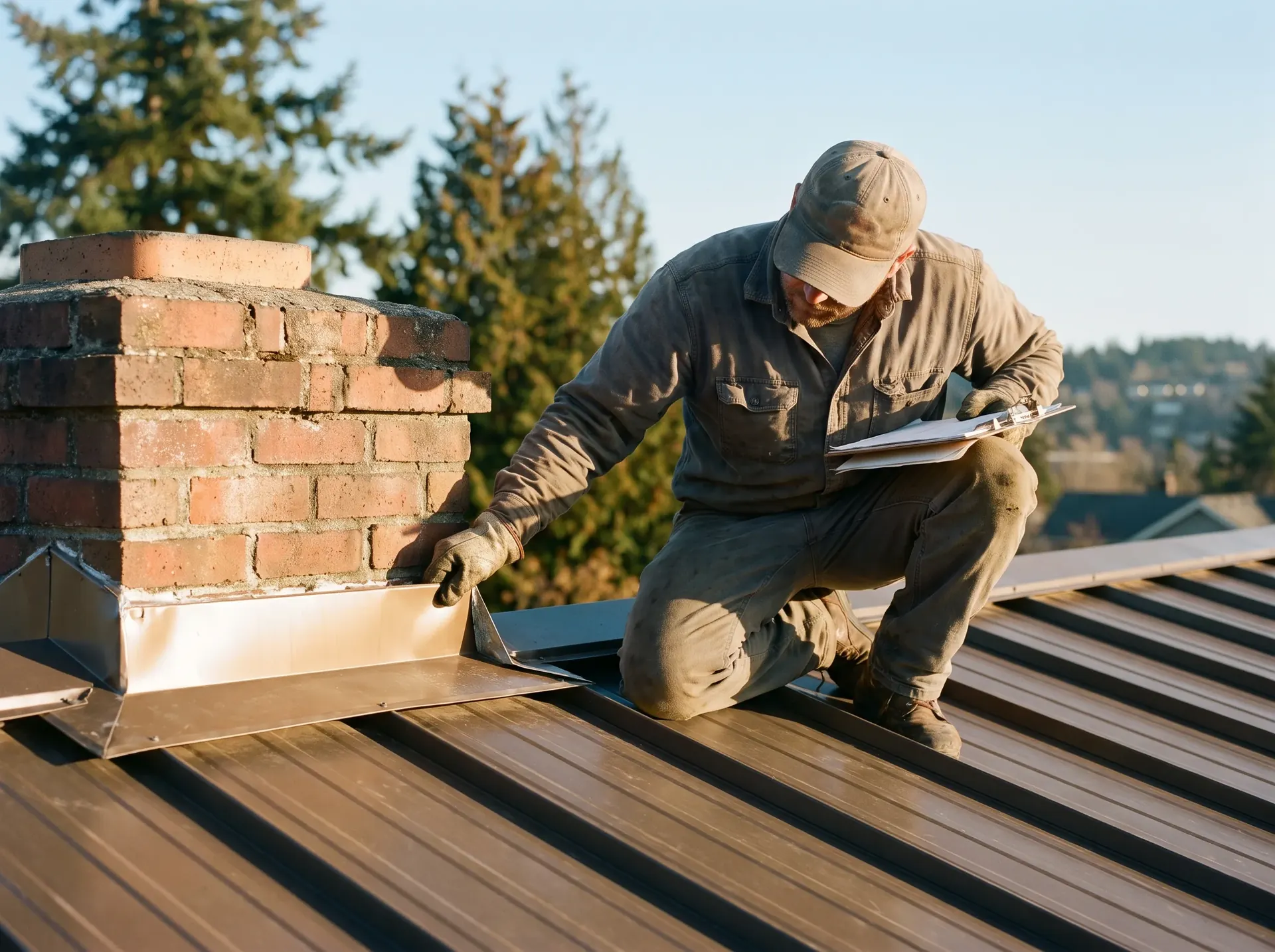 Roofer checking chimney flashing with a clipboard during a roof inspection