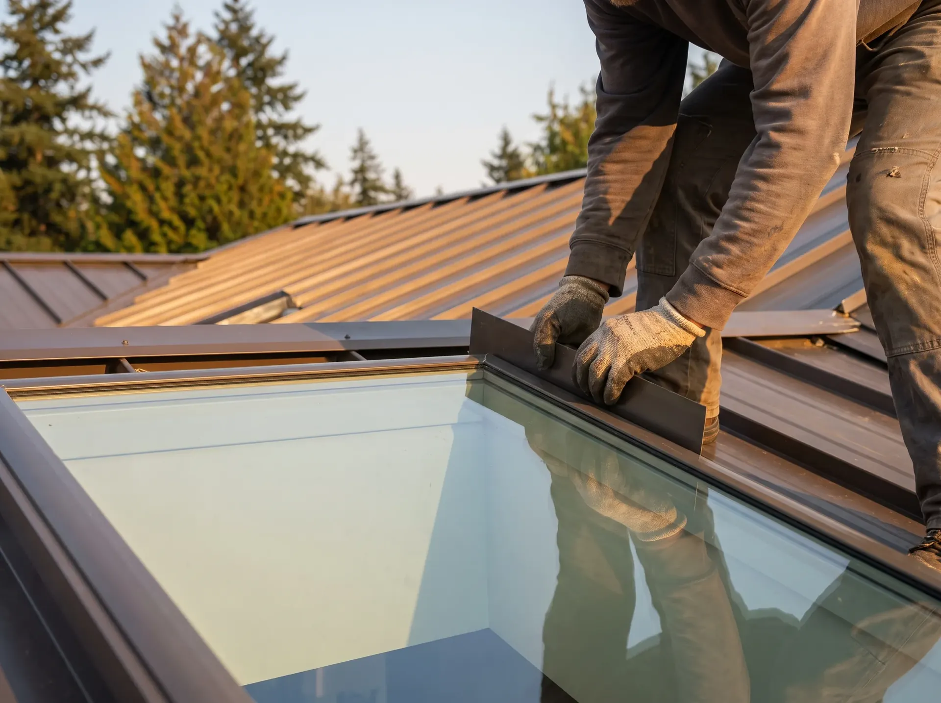 Step flashing being dressed in around a skylight on a metal roof