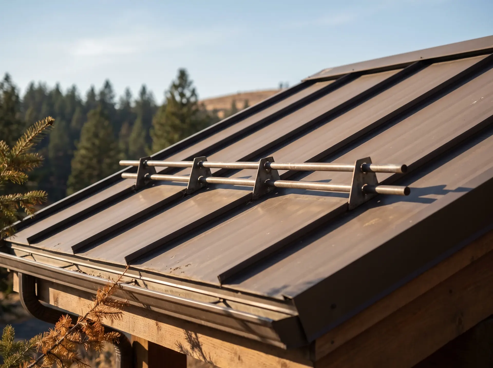 Snow retention bars fixed across a metal roof panel above an entry