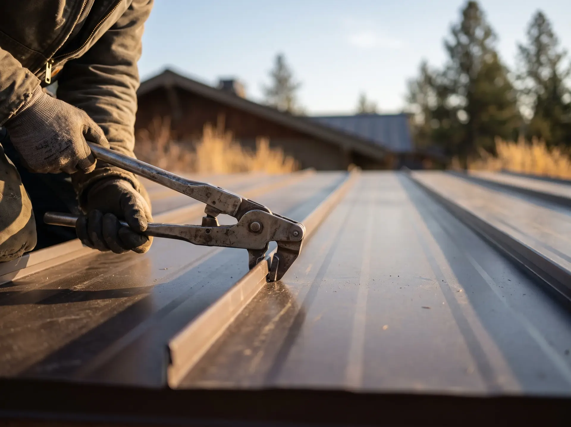 Seaming tool part way along a standing seam on a metal roof